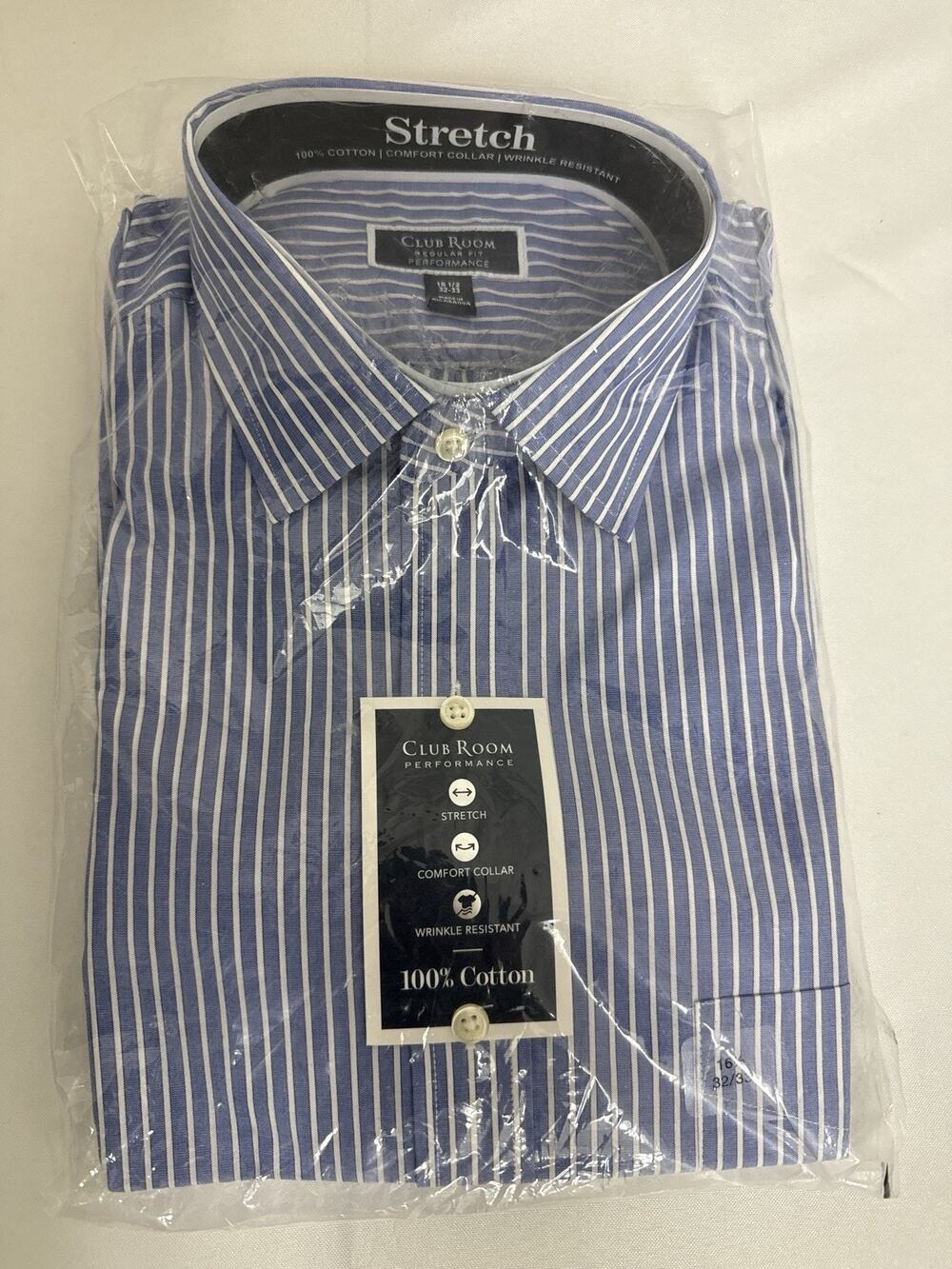 Club Room Men’s Dress Shirt 16.5 32/33 Blue Striped 100% Cotton New